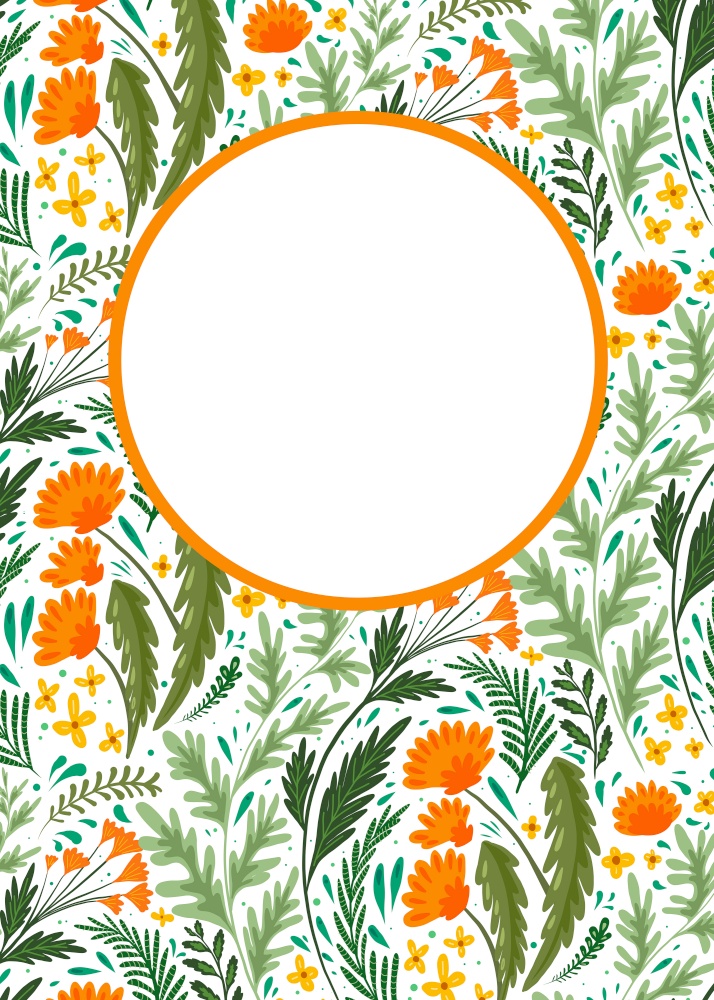 Vertical card with flat natural pattern with herbs and flowers of fields and copy space on white. Banner with dandelion, wormwood, fennel and buttercup. Invitation with plants. Vector template. Vertical card with flat natural pattern with herbs and flowers of fields and copy space on white. Banner with dandelion, wormwood, fennel and buttercup. Invitation with plants.