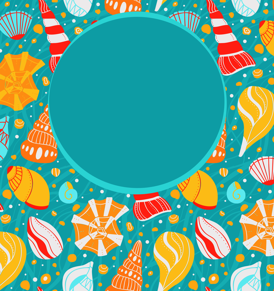 Card with pattern with cartoon seashells with sand, copy space and doodle ornament on blue background. Flat invitation with ocean inhabitants with boho ornaments. Vector banner with molluscs, shells. Card with pattern with cartoon seashells with sand, copy space and doodle ornament on blue background. Flat invitation with ocean inhabitants with boho ornaments.