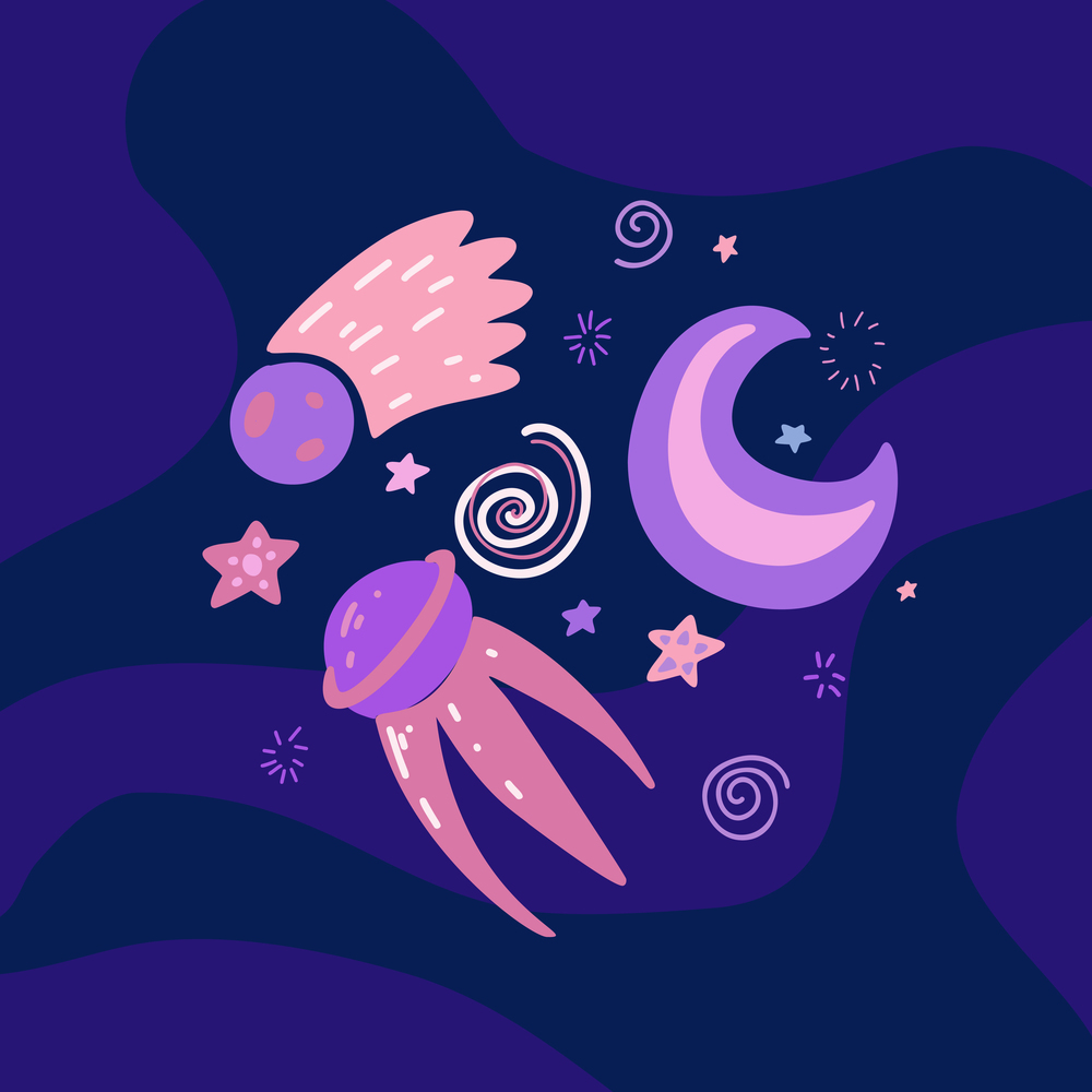 Childrens illustration of a space satellite, crescent moon, Saturn and stars on dark violet background. Space adventure. Galaxy exploration. Vector hand drawn flat illustration. Childrens illustration of a space satellite, crescent moon, Saturn and stars on dark violet background. Space adventure. Galaxy exploration.
