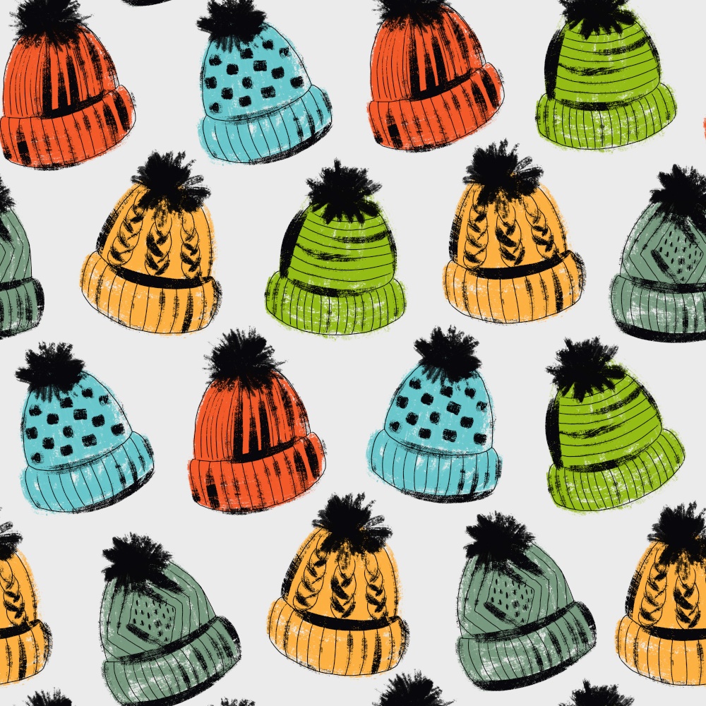 For textile, wallpaper, wrapping, web backgrounds and other pattern fills. Seamless pattern with bright multicolored knitted winter hats