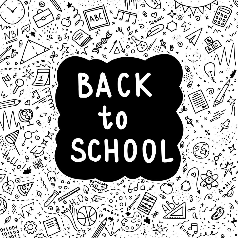 Back to school doodles around black cloud on transparent background. Back to school