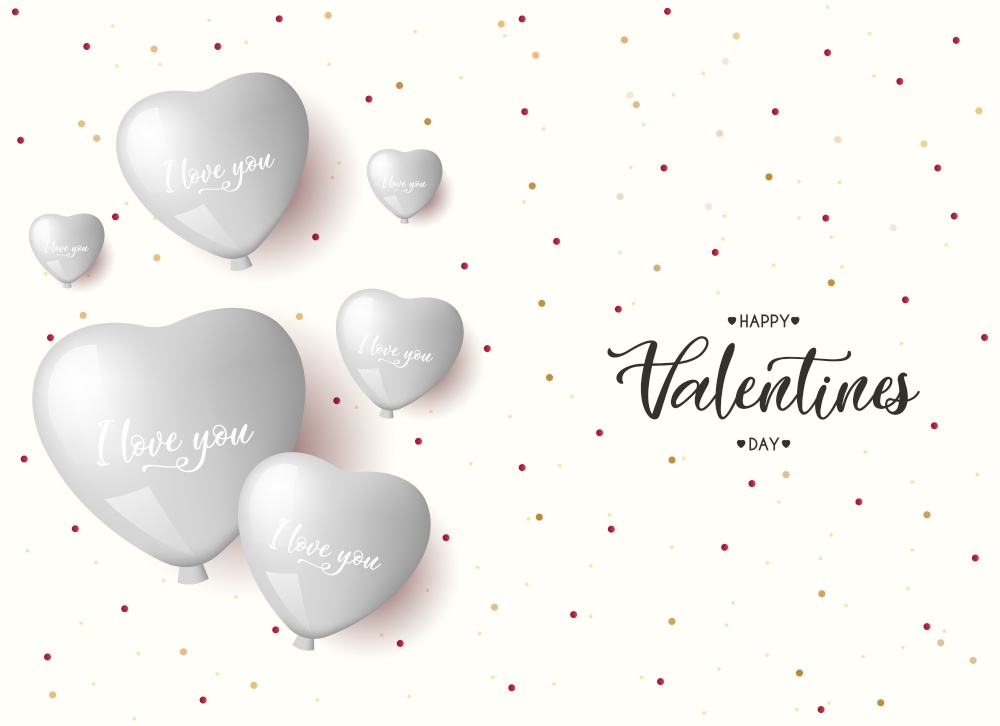 Valentines Day greeting card with a silver balloons. Happy Valentines day poster pastel background, vector illustration
