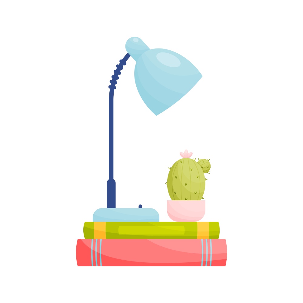 Lamp and cactus on pile of books. Education concept. Vector illustration.