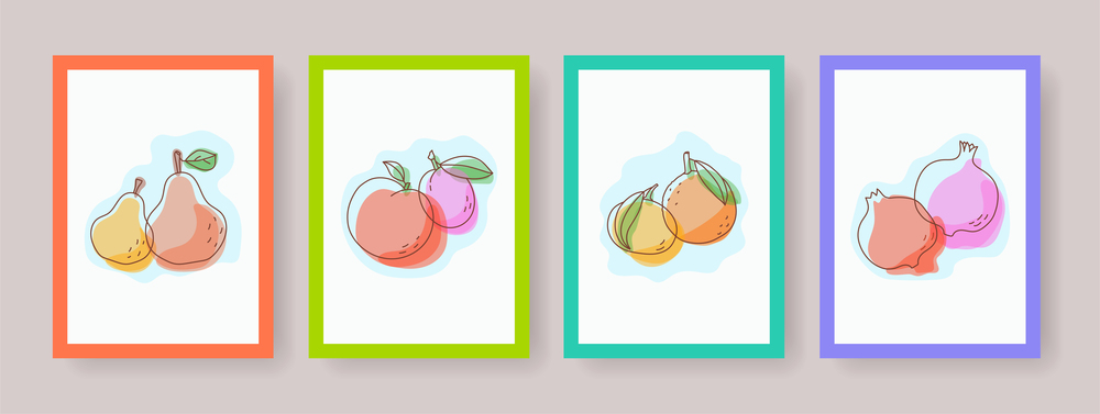 Fruits vector banners. Design posters with pear, plum, peach, tangerine, mandarin, orange and pomegranate. Hand drawn picture. Cover template set