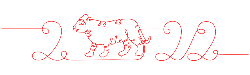 Tiger 2022 one line. Chinese horoscope. Animal symbol vector red outline doodle sketch. Editable path. Cartoon animal