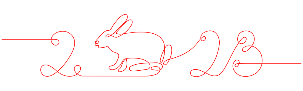 Rabbit one line 2023. Chinese horoscope. Animal symbol vector red outline doodle sketch. Editable path. Cartoon hare