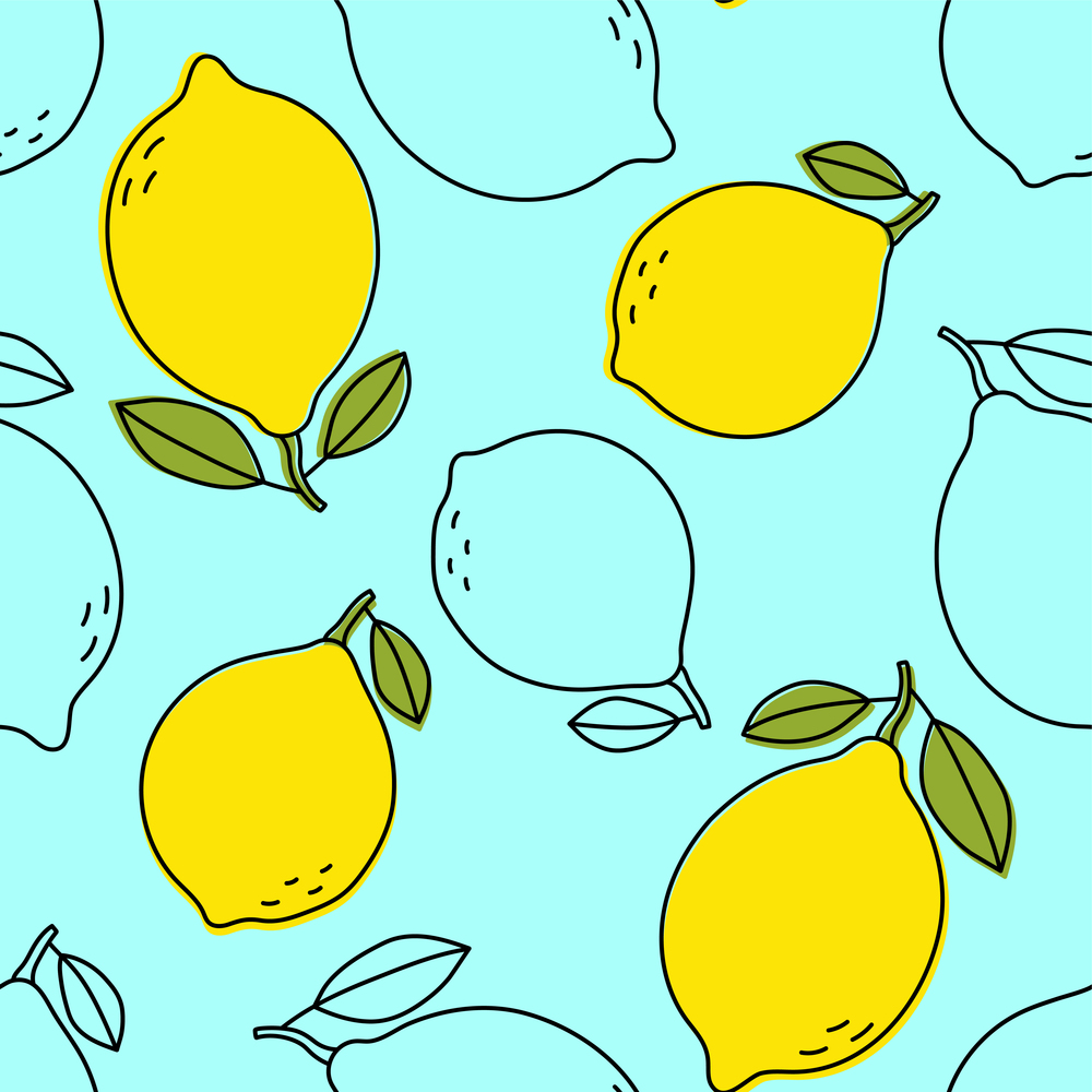 Lemon sketch seamless pattern. Citrus fruit with leaf. Color food vector illustration