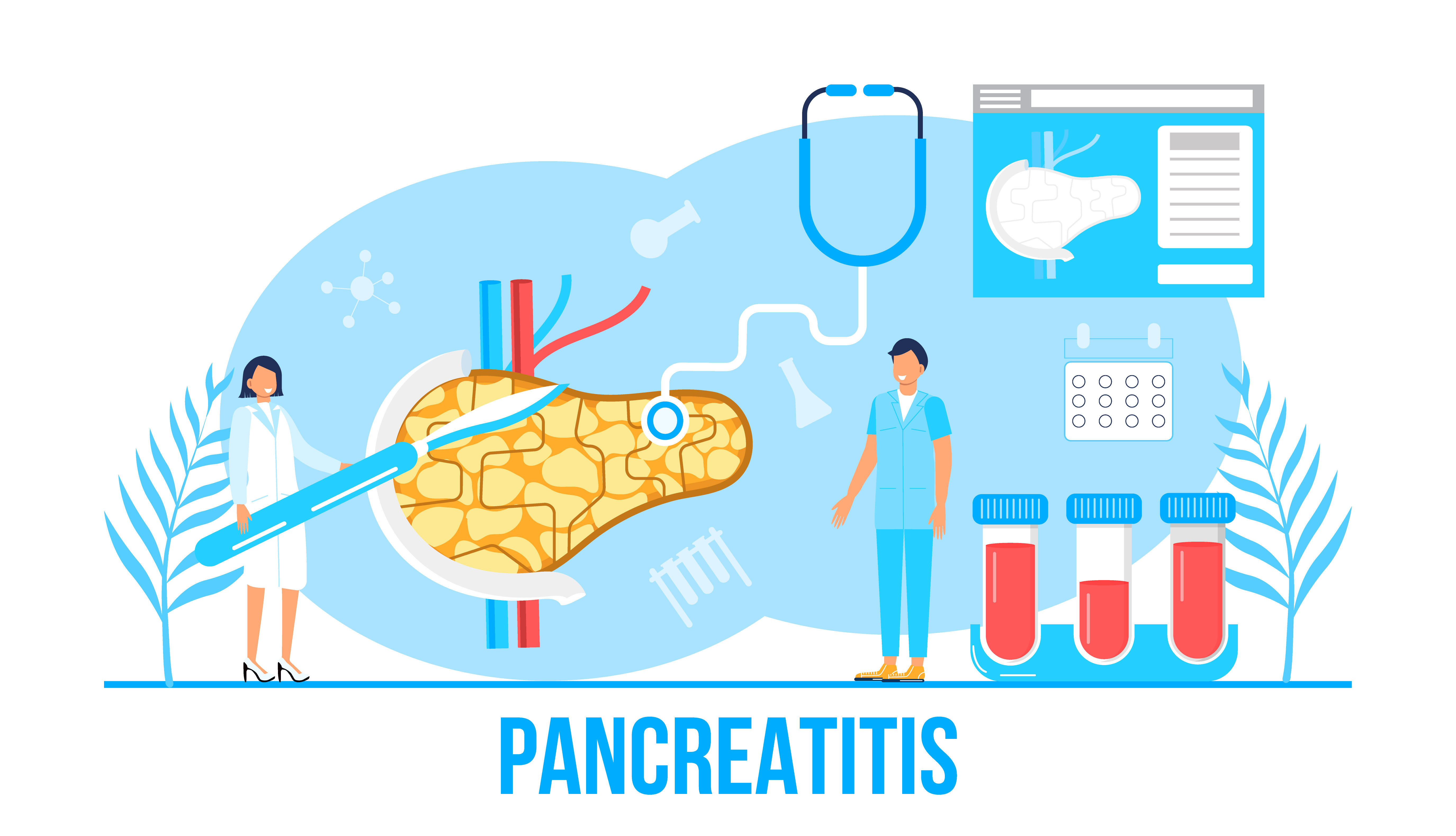 Pancreatitis concept vector. Pancreas doctors examine. Tiny therapist looks through a magnifying glass at internal organ. Health care concept in flat style for landing page, website, app, banner.. Pancreatitis concept vector. Pancreas doctors examine. Tiny therapist looks through a magnifying glass at internal organ. Health care concept in flat style for landing page, website