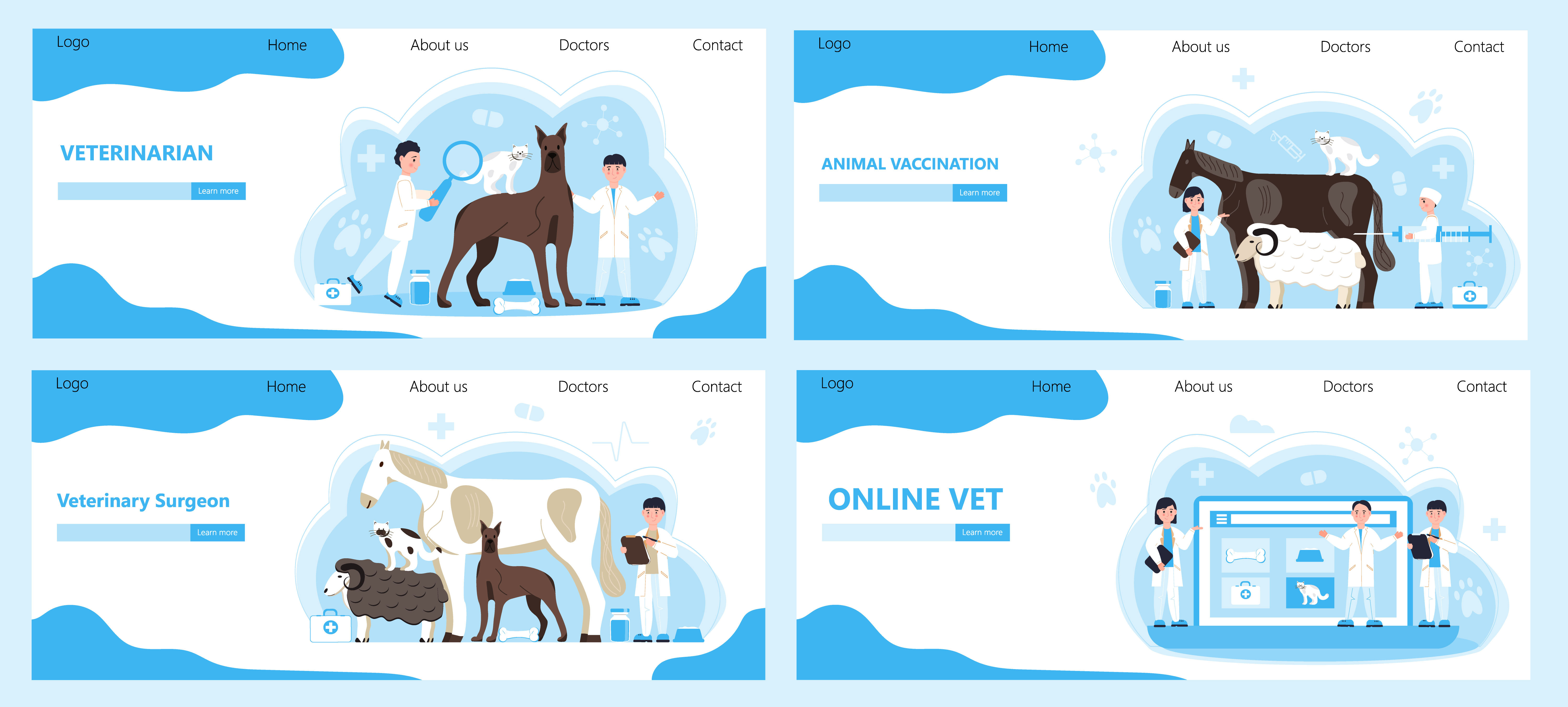 Veterinarian concept vector. Animal doctors diagnosing diseases of dog, cat. Pet health care for website. Veterinary physician treatment illness creatures.. Veterinarian concept vector. Animal doctors diagnosing diseases of dog, cat. Pet health care for website. Veterinary physician treatment illness