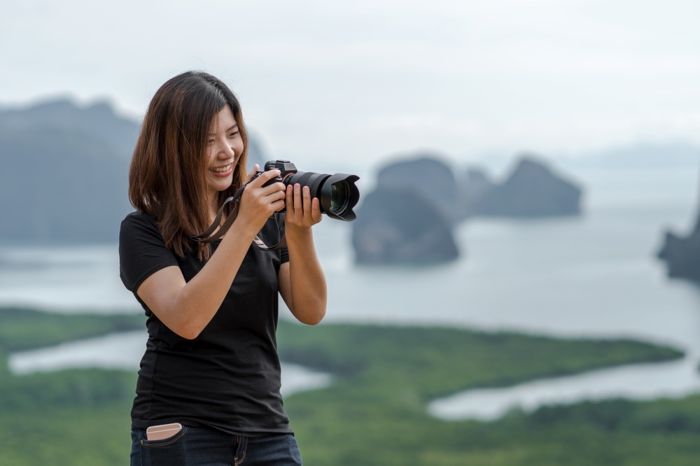 Portrait of photographer or the tourist over the Fantastic Landscape of samed nang chee view point at the sunrise time, Travel and holiday concept