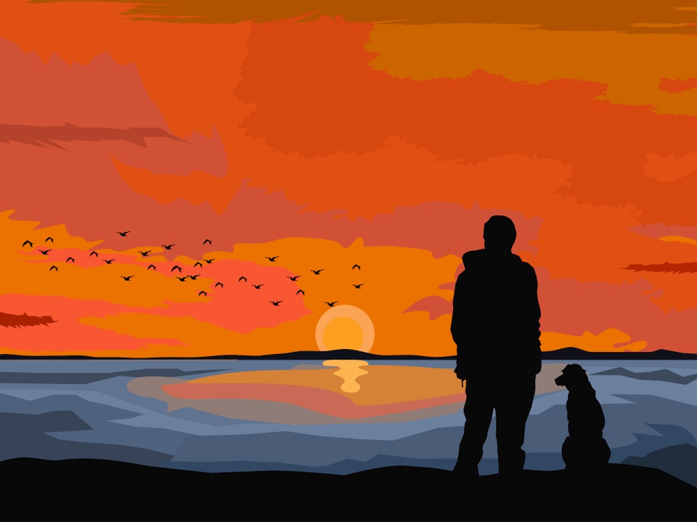 silhouette of a man and a dog standing on the rocks by the sea with the sun set in the background