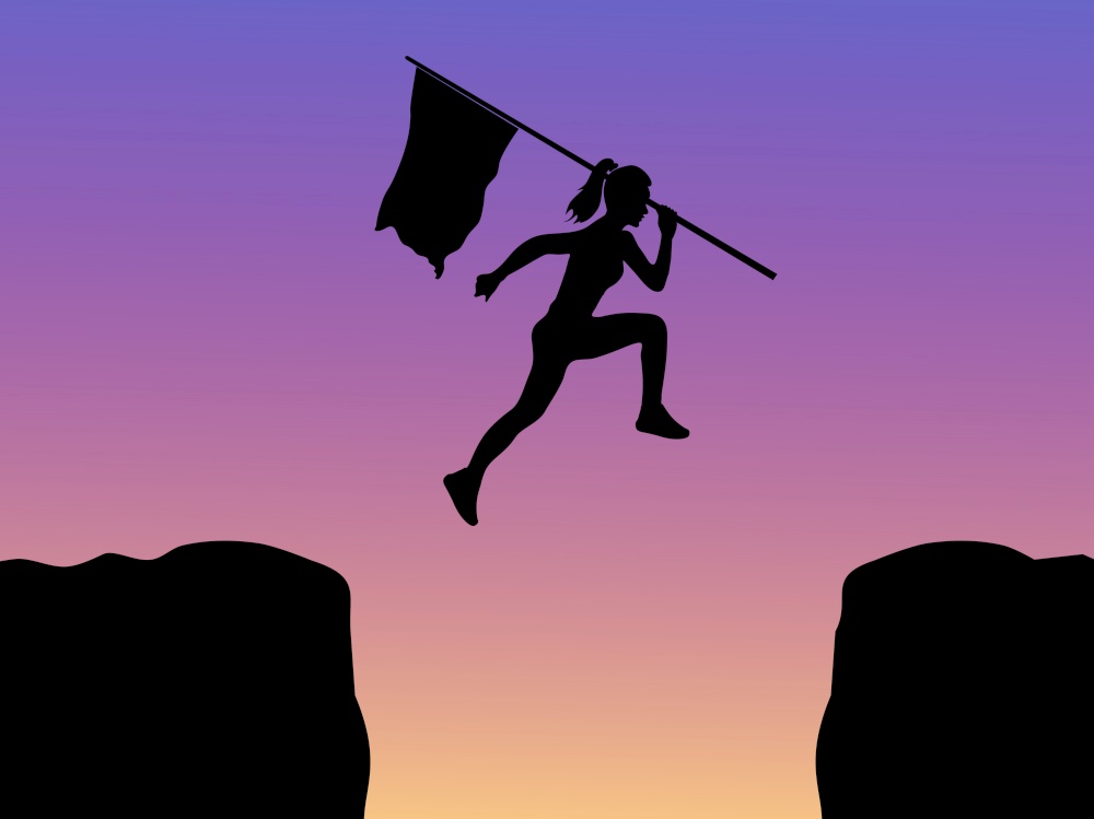 silhouette of a woman holding a flag jumping over a cliff with purple background