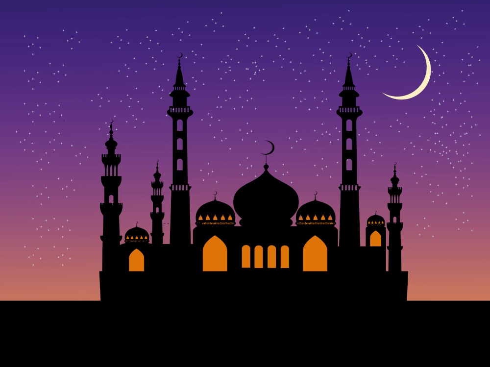The mosque's silhouette has a blue sky and stars in the background.