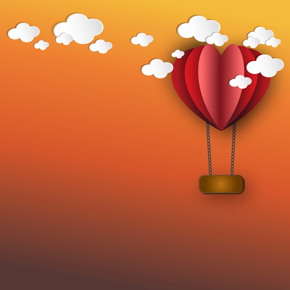 Illustration of love, Red heart balloon flying in the evening sky, paper art style