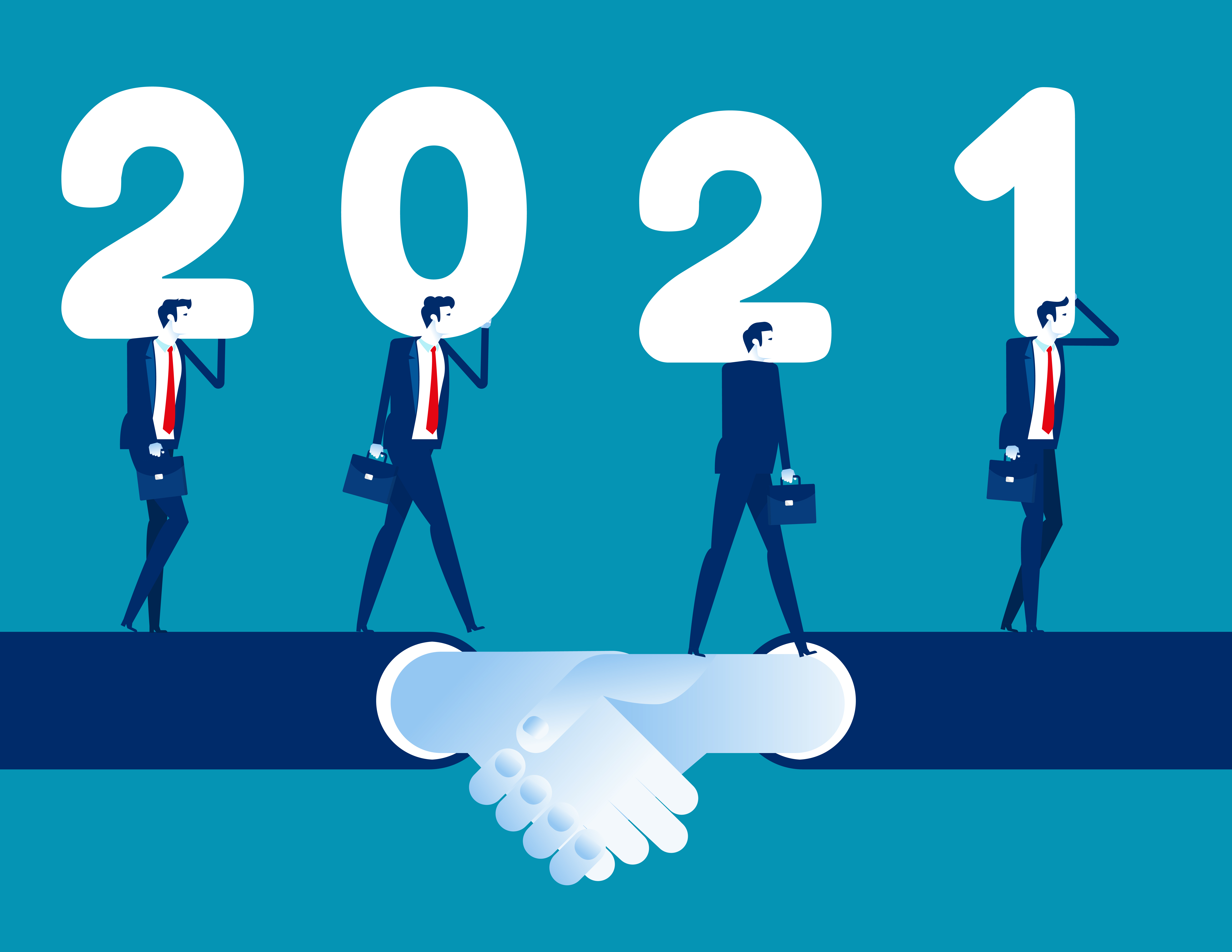 Business team walk together on shaking hand and hold number 2021