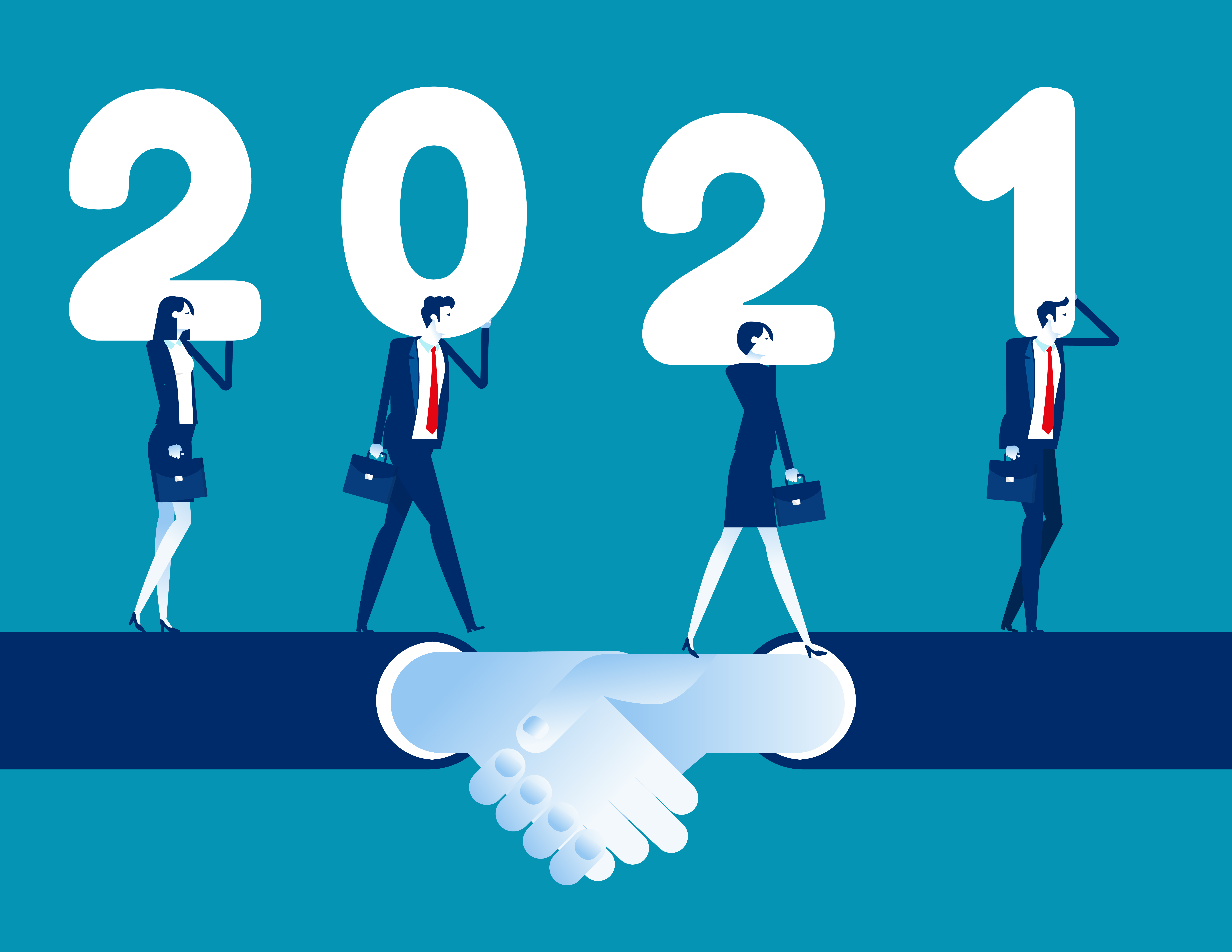 Business team walk together on shaking hand and hold number 2021