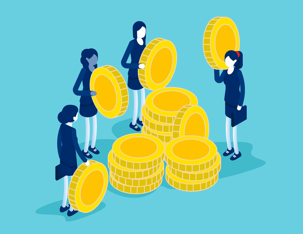 Isometric people with golden coins stack them in piles