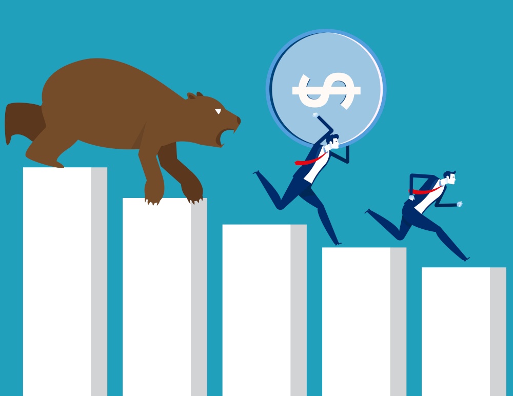 Carrying money run away from bear market. Stock market and exchange