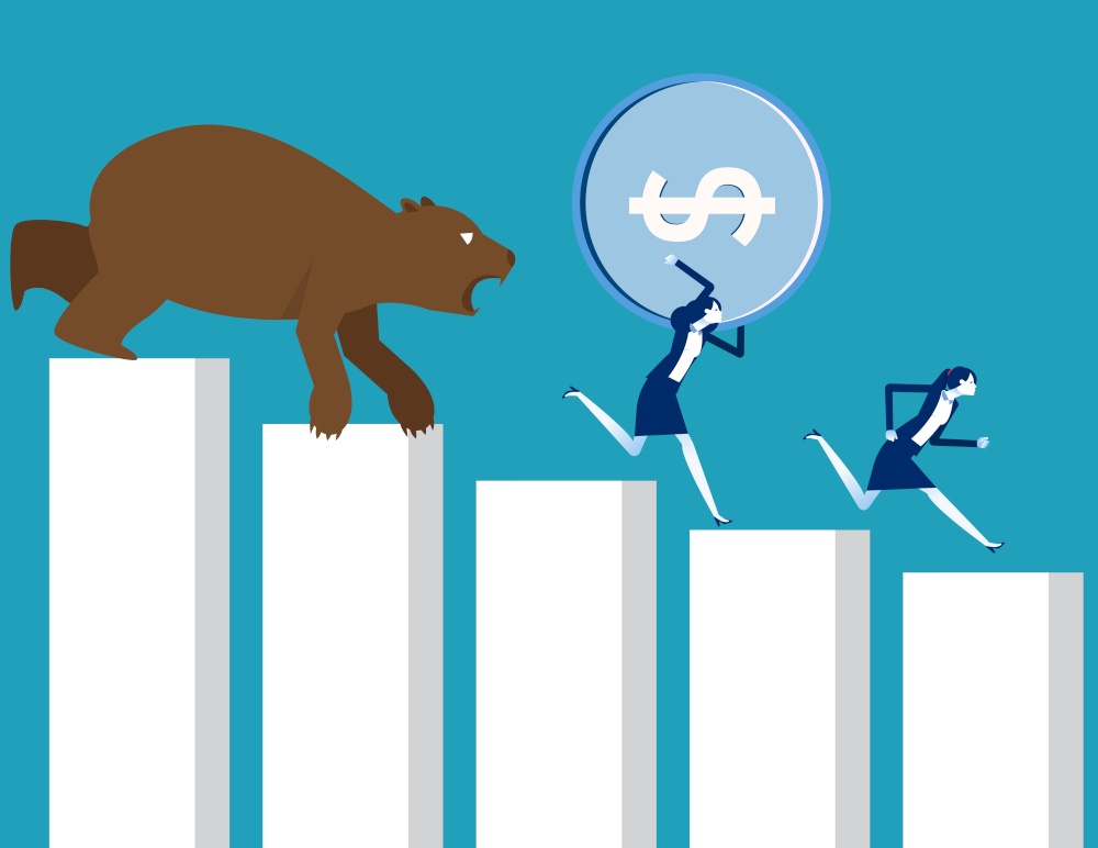Carrying money run away from bear market. Stock market and exchange