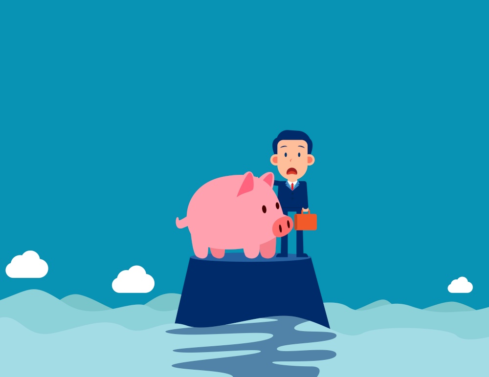 A businessman on the island with piggy bank