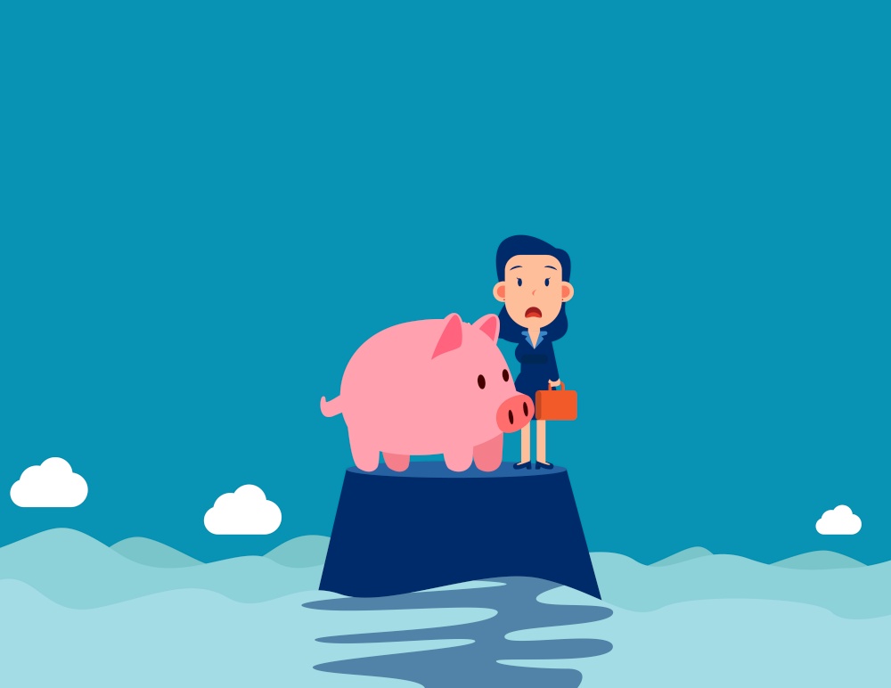 A businesswoman on the island with piggy bank
