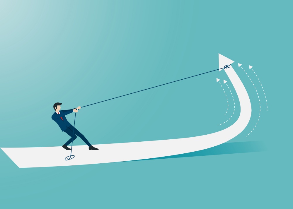 Businessman pulling arrow with rope and making it raise up. Marketing and finance concept. Symbol arrow of success. Leadership, Achievement, Vector illustration flat