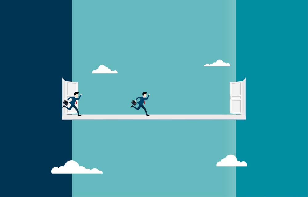 Businessmen run to new career opportunities. The new entrance in the future. Running and entering to new life. Leadership, Vision, Achieve, Change. Vector illustration flat