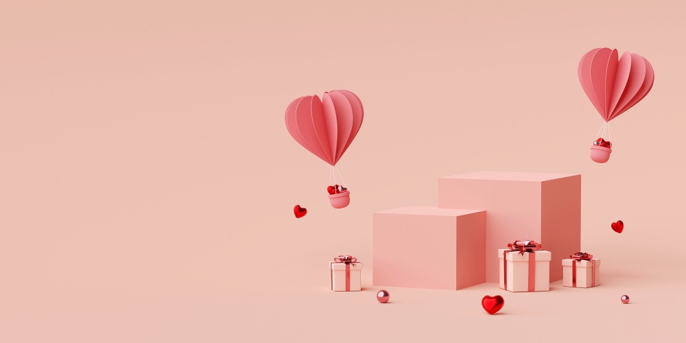 Valentine banner background of Podium with heart shape balloon with gift box, 3d rendering