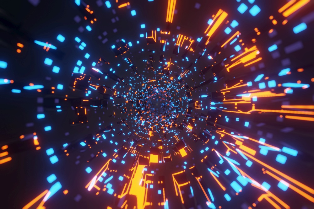 Sci-Fi Futuristic alien space tunnel Neon Glowing Lights, Wormhole through time background 3D rendering