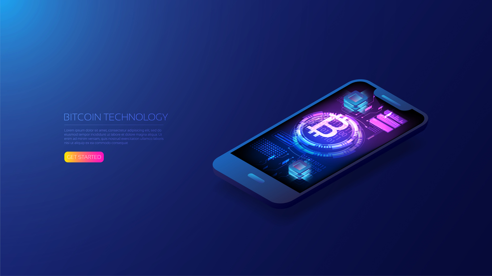 isometric bitcoin on smartphone, most popular cryptocurrency