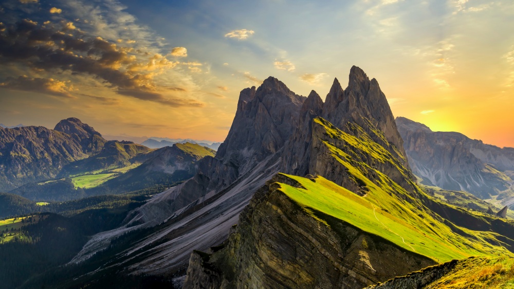 Seceda peak, Trentino Alto Adige, Dolomites Alps, South Tyrol, Italy, Europe. Odle mountain range, Val Gardena, Majestic Furchetta peak, Italian dolomites.