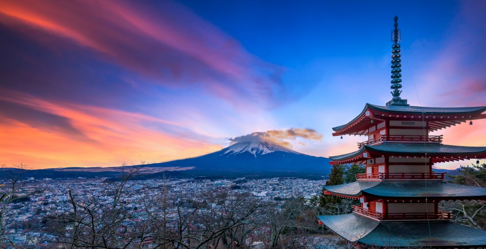 Chureito red pagoda with Japan Beautiful view of mountain Fuji background, Fujiyoshida, Yamanashi, Japan.