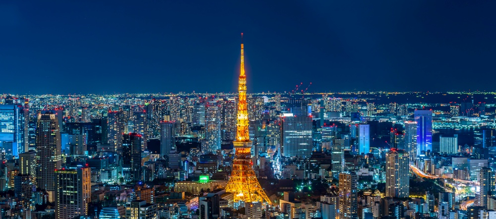 Tokyo Tower in Tokyo at Night communication and observation tower, Nigh view of Tokyo city skyline, Japan.