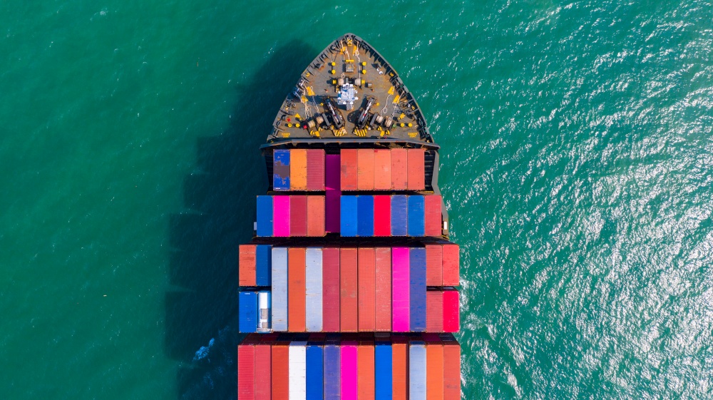 Container ship global business freight shipping import export logistic and transportation by container ship, Aerial view container cargo freight shipping maritime transport in marine worldwide.