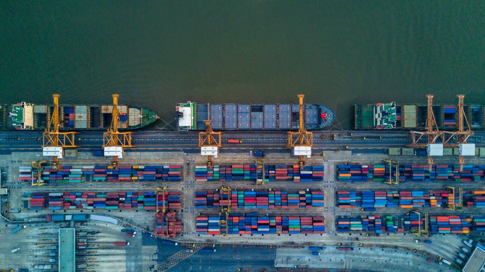 Aerial top view commercial dock freight transportation global business, Container ship business seafreight logistics import export freight shipping, Container vessel cargo freight ship port of loading