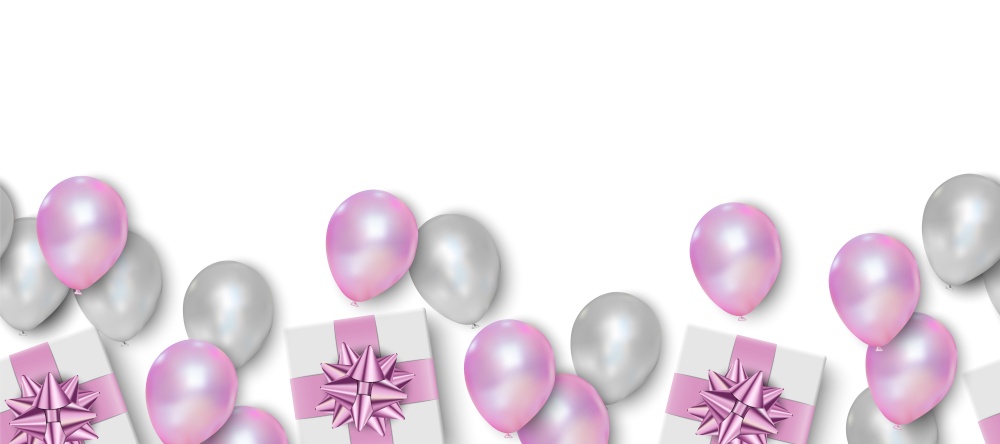 Gift box, pink and white balloons on white background, seamless pattern, vector illustration