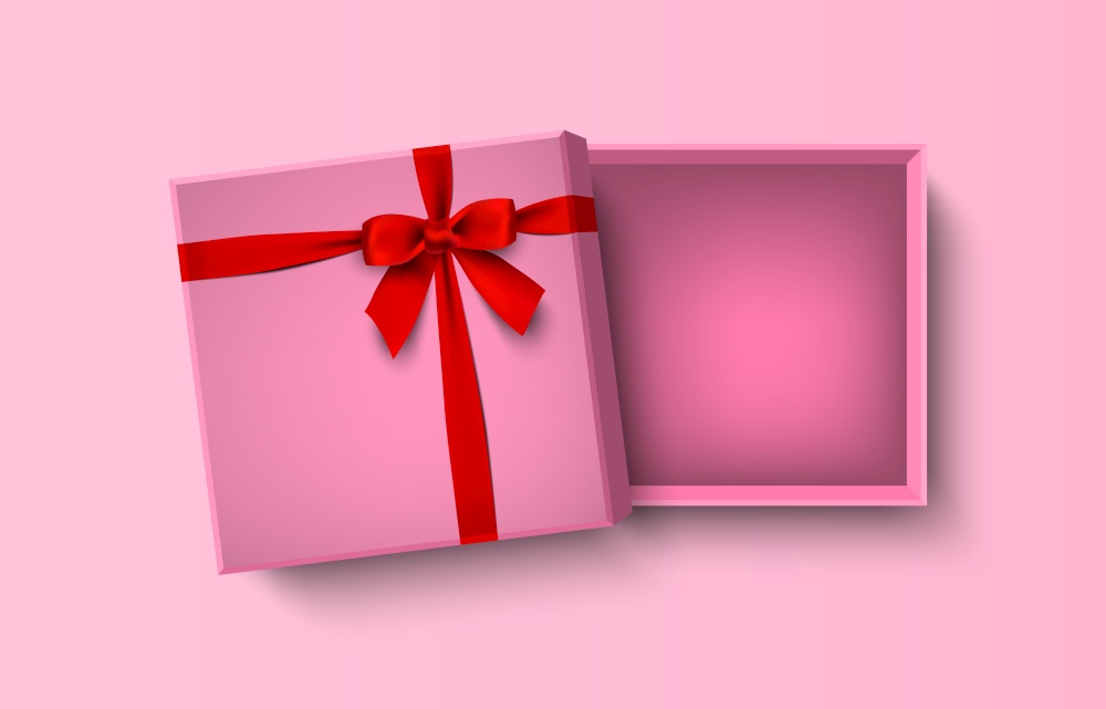 Opened pink empty gift box with red bow and ribbon, vector illustration