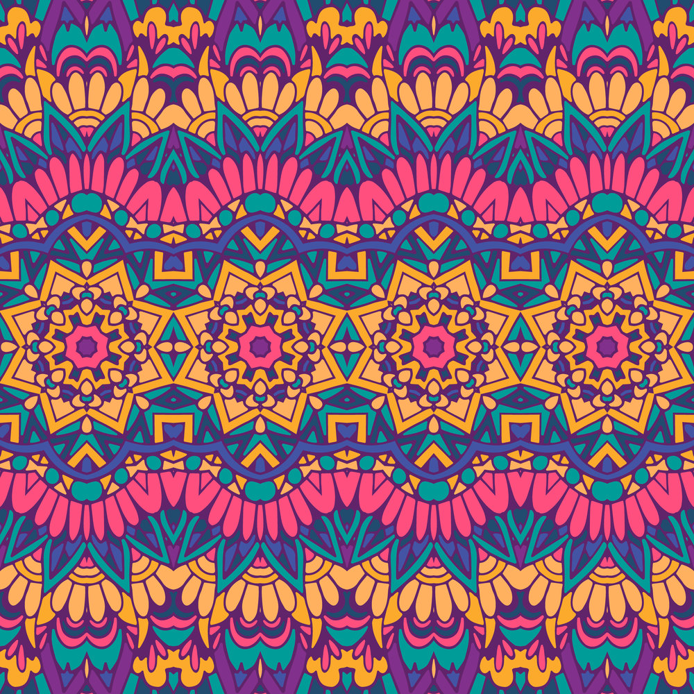 Vector seamless pattern ethnic tribal geometric psychedelic colorful print. Vector seamless pattern flower embroidery colorful ethnic tribal geometric psychedelic mexican print