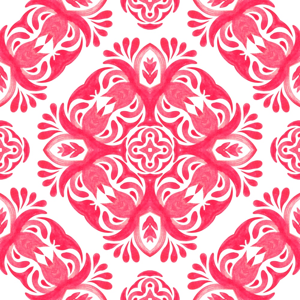 Abstract pink and white hand drawn tile seamless ornamental watercolor paint pattern. Pink ceramic tile element with decorative flowers. Seamless pattern handdrawn watercolor ornament pink and white with floral elements