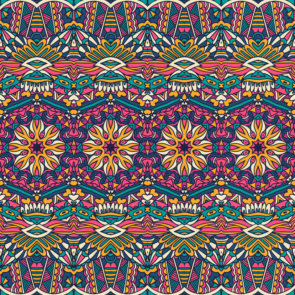 Floral ethnic tribal festive pattern for fabric. Abstract geometric colorful seamless mandala flower ornamental.. Abstract festive colorful floral vector ethnic tribal pattern