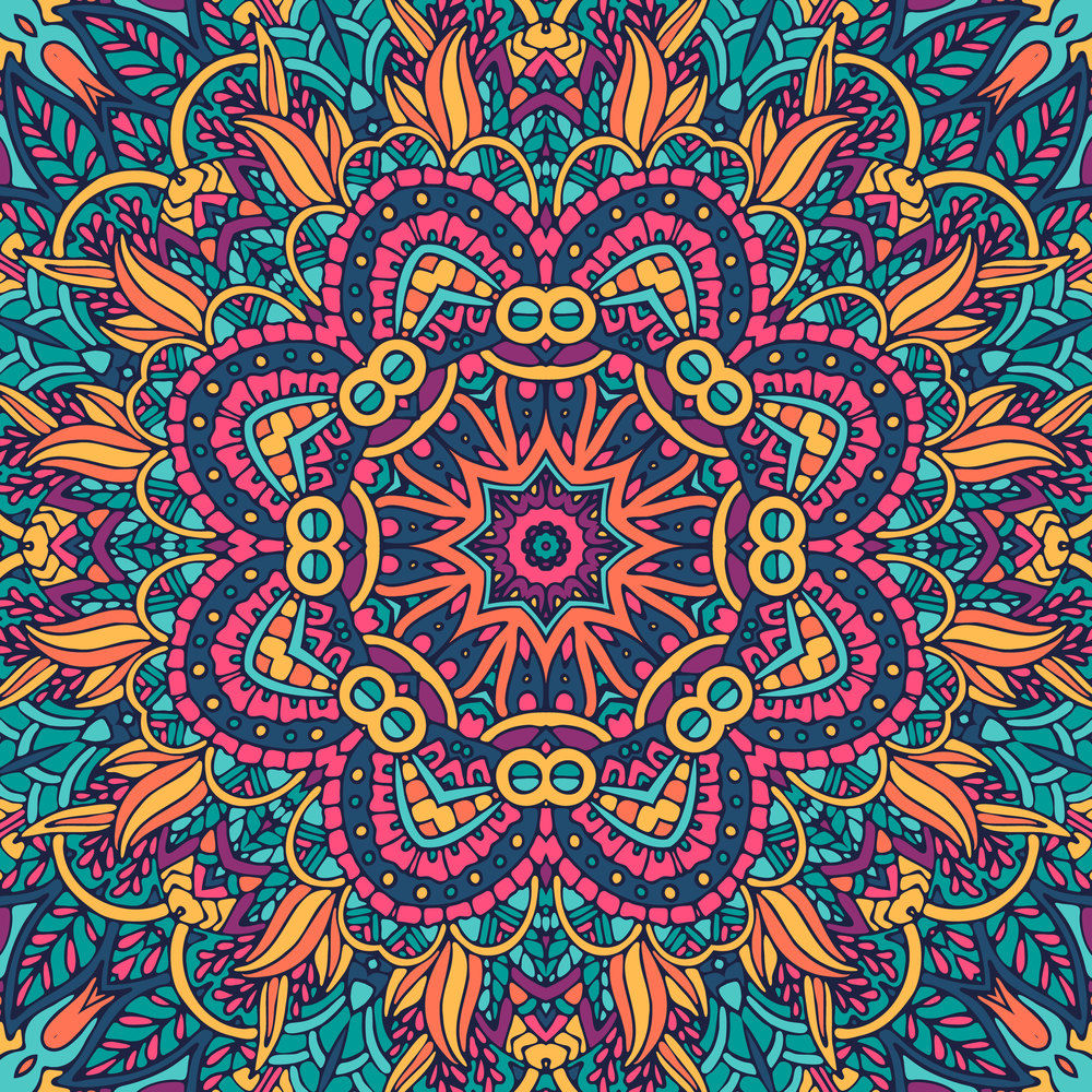 Festive medallion mandala Boho style ornaments. Abstract psychedelic colorful seamless flower ornamental.. Vector seamless pattern doodle art mandala. Ethnic design with colorful ornament.