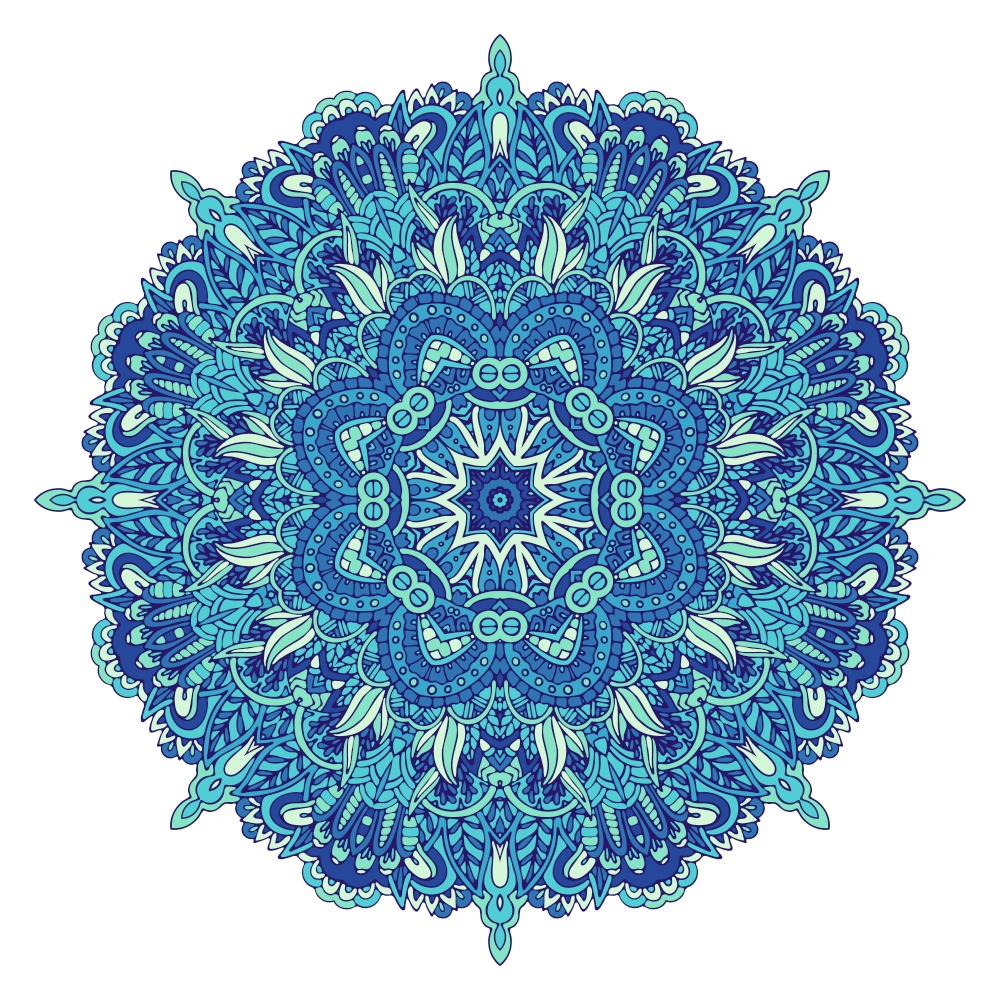 Abstract Blue ethnic geometric mandala decoration. Round ornamental medallion in folk art style.. Abstract decorative Blue ethnic geometric arabesque mandala.