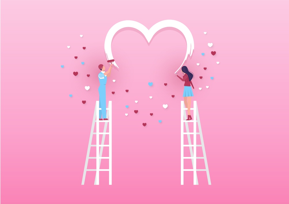 Boy and girl paint a heart on the wall with rollers. Valentines day pink background .