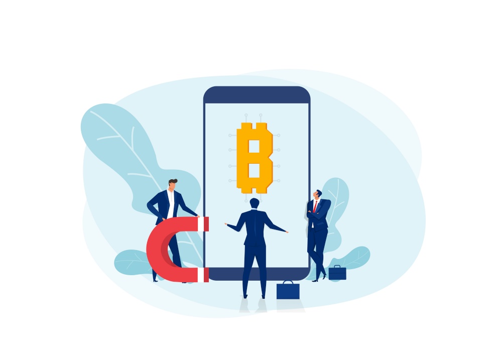 Businessman analyst with bitcoin funding investment.Online mobile bitcoin exchange .