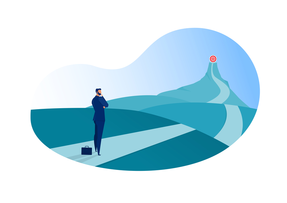 business standing on the top of the mountain adventure go to goal to red flag .illustrator