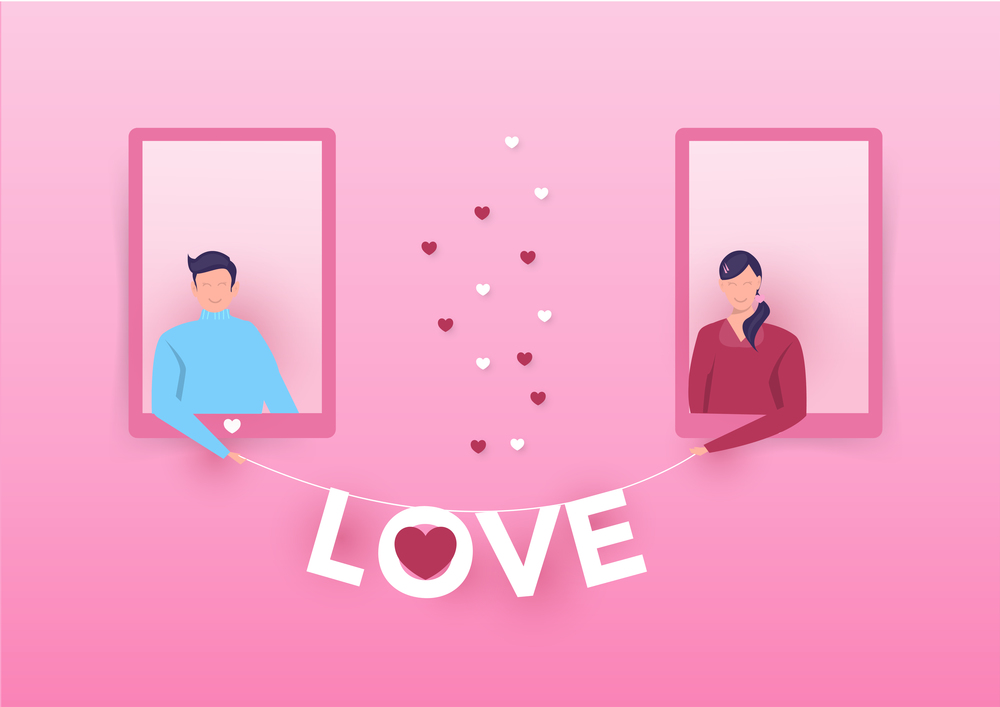 happy girl show love word from door to boy love valentine day comcept vector illustrator.