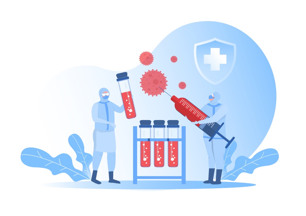 doctors team in protective costume working with dangerous liquids. Flasks, test tubes vaccine development fight against covid-19 concept vector illustration