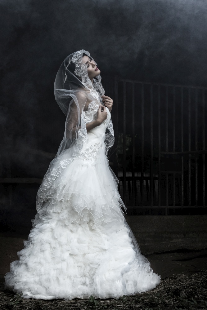 Portrait of the beautiful bride in wedding dress on a dark black background