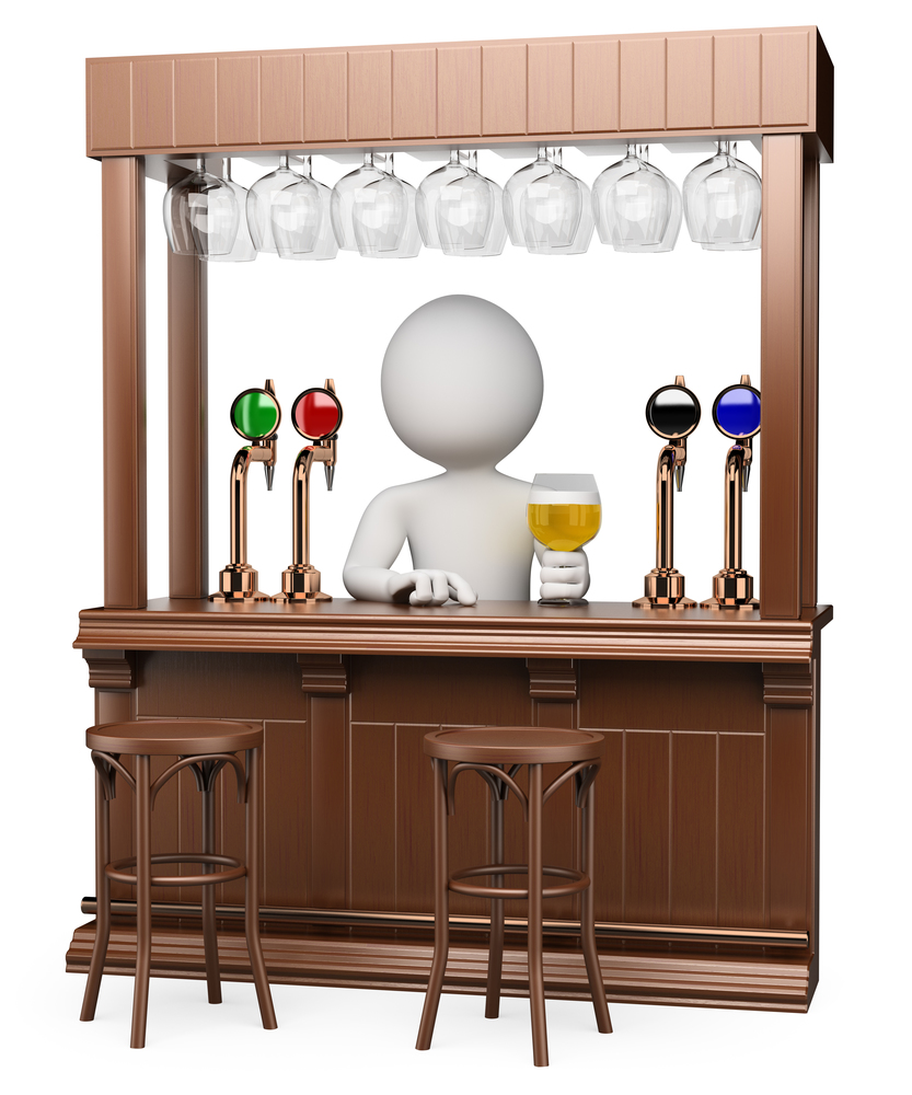 3d white waiter in a traditional wood pub with a lager . Isolated white background.