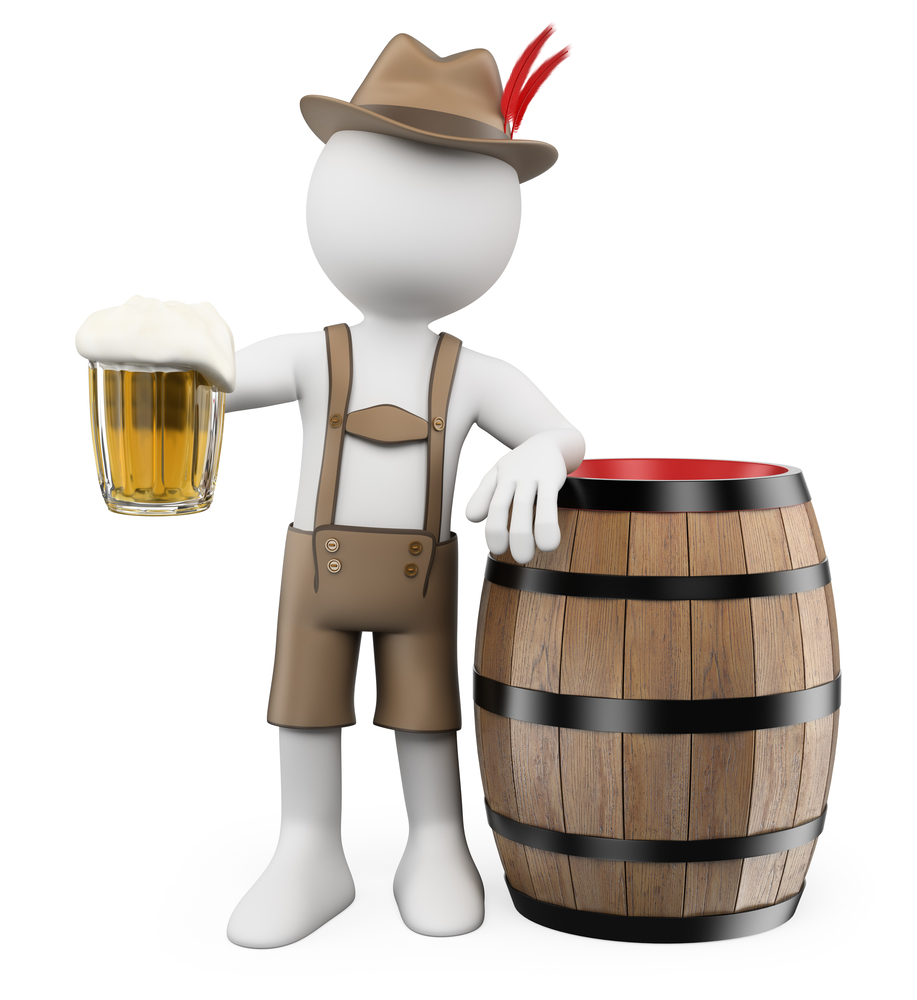 3d white people. Oktoberfest. Man with a beer barrel and a mug. Isolated white background.
